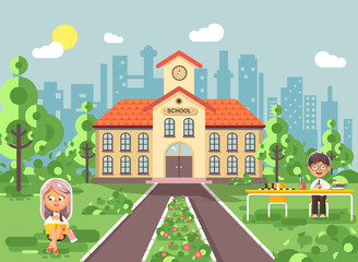 Obraz na płótnie Canvas Vector illustration back to school character schoolgirl schoolboy pupil sitting on grass, exterior schoolyard, girl reads book, boy doing homework at table, gymnasium background in flat style