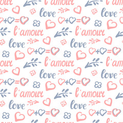  Background for Valentines day, wedding invitation. Seamless pattern  with hand drawn love lettering , branch, petal, heart. Design  for greeting card, scrapbook