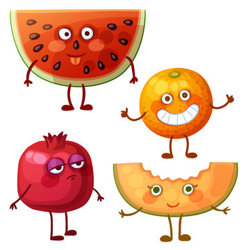 Funny Fruit Characters Isolated On White Background. Cheerful Food Emoji. Cartoon Vector Illustration: Fool Watermelon Slice, Cheerful Orange, Calm Pomegranate, Sweet Melon