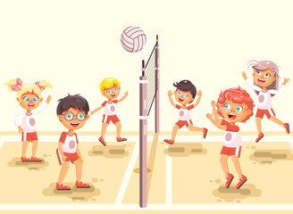 Vector illustration back to sport school children character schoolgirl schoolboy pupil classmates team game playing volleyball ball at physical education class sandy beach background flat style