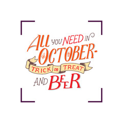 Lettering quote about october. Lettering composition. Banner for autumn season. Hand drawn autumn poster, hello october.