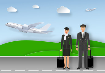 Paper art card with muslim pilot and stewardess in uniform and hijab standing on airport runway.