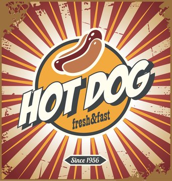 Hot dog comic style promotional retro sign design on colorful background