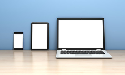 Laptop, tablet and smartphone on the desk on a blue background. 3d rendering.