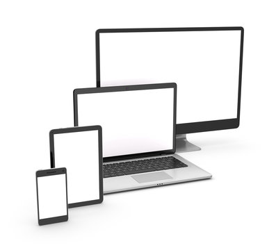 PC, smartphone, laptop and tablet isolated on white. 3d rendering.