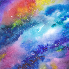 Space background. Watercolor art background with space, stars, milky-way. University art background. Multicolor abstract background. Wallart painting for home decor. Interior wallart.