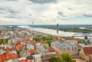 Panoramic view of Riga with the effect of a tilt shift lens
