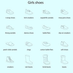 Girls shoes, set, collection of fashion footwear with names. Baby, kid, child, childhood. Vector design isolated illustration. Black outlines, blue background.