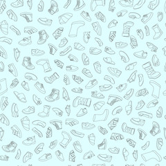 Kids shoes, set, collection of fashion footwear, seamless pattern. Baby, girl, boy, child, childhood. Vector design isolated illustration. Black outlines, blue background.