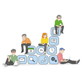 Young men and women sitting on mobile application icons and using a smartphone and laptop to read news and text messages for friends. Flat concept illustration of application dependency. vector 