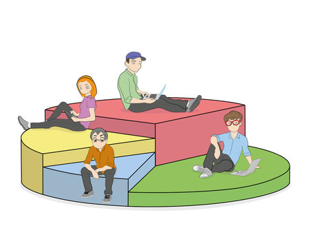 Different people with gadgets and laptops in the diagram segments. Vector illustration.
