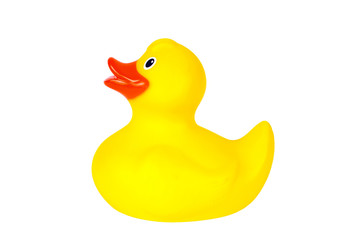 Yellow plastic rubber duck cut out on and isolated on a white background
