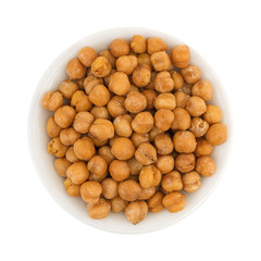 Top view of a serving of chickpeas with sea salt in a small bowl isolated on a white background.