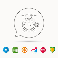 Alarm clock icon. Mechanical retro time sign. Watch with bell symbol. Calendar, Graph chart and Cogwheel signs. Download and Shield web icons. Vector