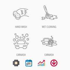 Car wash icons. Automatic cleaning station linear signs. Hand wash, sponge flat line icons. Calendar, Graph chart and Cogwheel signs. Download colored web icon. Vector