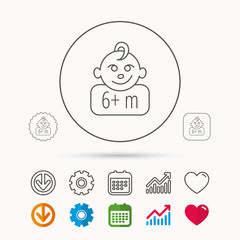 Baby face icon. Newborn child sign. Use of six months and plus symbol. Calendar, Graph chart and Cogwheel signs. Download and Heart love linear web icons. Vector
