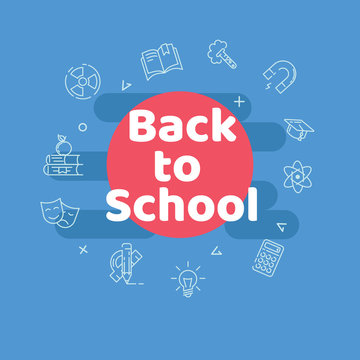 Text "back to school" on a colored background.
Simple inscript with school icons on the blue background.