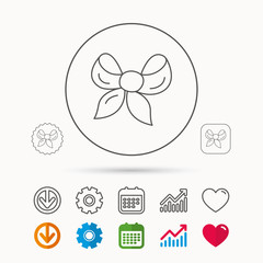 Gift bow icon. Present decoration sign. Ribbon for packaging symbol. Calendar, Graph chart and Cogwheel signs. Download and Heart love linear web icons. Vector