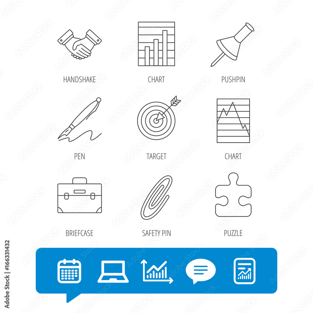 Poster handshake, graph charts and target icons. puzzle, pushpin and safety pin linear signs. briefcase and