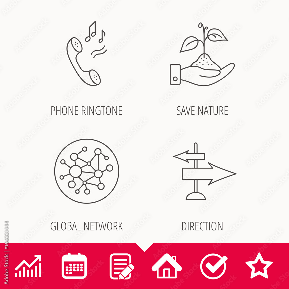 Poster phone, global network and direction icons. save nature linear sign. edit document, calendar and grap