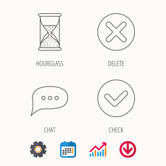 Fototapeta premium Chat speech bubble, hourglass and check icons. Delete, remove and tick linear signs. Calendar, Graph chart and Cogwheel signs. Download colored web icon. Vector