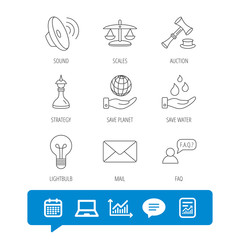 Strategy, auction and scales of justice icons. Save planet, water and lamp lightbulb linear signs. Faq and law hammer flat line icons. Report file, Graph chart and Chat speech bubble signs. Vector