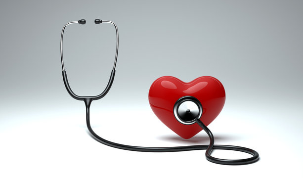 Red heart and a stethoscope. Heart health care concept background.