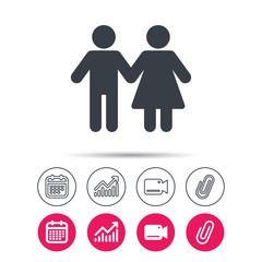 Couple icon. Traditional young family symbol. Statistics chart, calendar and video camera signs. Attachment clip web icons. Vector