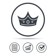 Crown icon. Royal throne leader symbol. Report document, Graph chart and Check signs. Circle web buttons. Vector