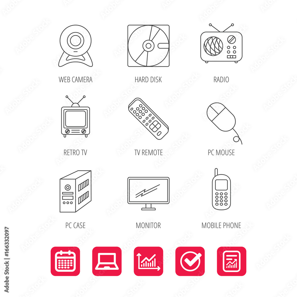 Poster web camera, radio and mobile phone icons. monitor, pc case and tv remote linear signs. hard disk and
