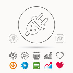 Electric plug icon. European socket sign. Calendar, Graph chart and Cogwheel signs. Download and Heart love linear web icons. Vector