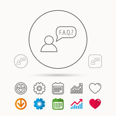 FAQ service icon. Support speech bubble sign. Human symbol. Calendar, Graph chart and Cogwheel signs. Download and Heart love linear web icons. Vector