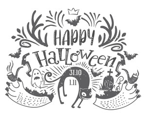 Obraz premium Happy Halloween lettering greeting card with Horns, ghost, wild cat, grave. Hand drawn typography for horror holiday
