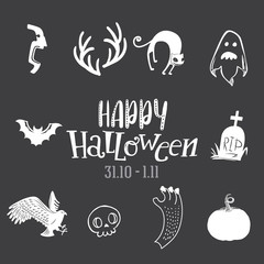Happy Halloween symbols set with Holiday lettering greeting. Hand drawn typography for october holiday. Bat, pumpkin, cat, ghost, skull cartoon characters. Vector sketch illustration