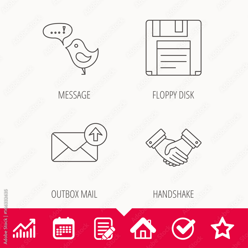 Poster outbox mail, message and handshake icons. floppy disk linear sign. edit document, calendar and graph