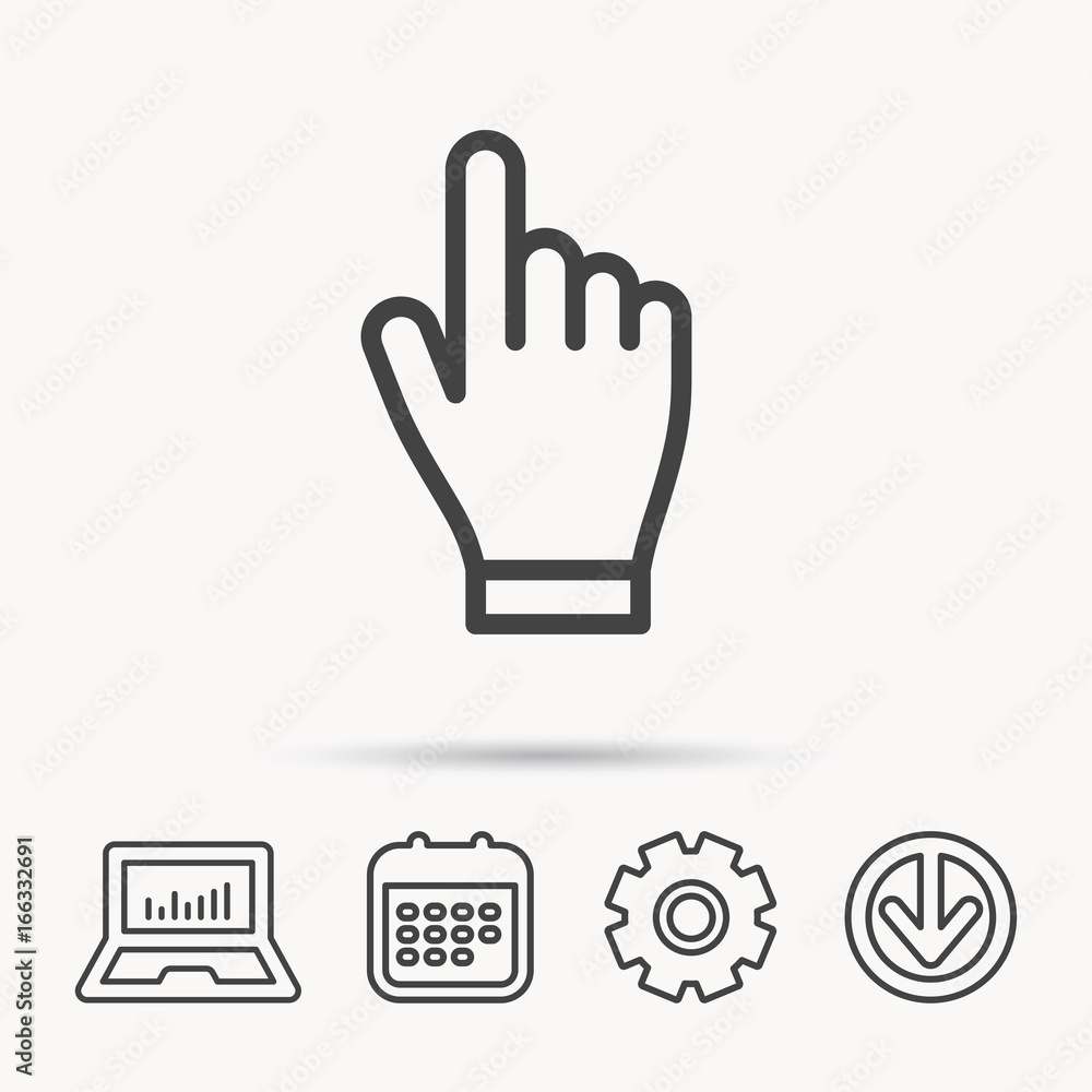 Poster Click hand icon. Press or push pointer sign. Notebook, Calendar and Cogwheel signs. Download arrow web icon. Vector