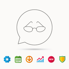 Glasses icon. Reading accessory sign. Calendar, Graph chart and Cogwheel signs. Download and Shield web icons. Vector