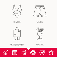 Cocktail, lingerie and shorts icons. Changing cabin linear sign. Edit document, Calendar and Graph chart signs. Star, Check and House web icons. Vector