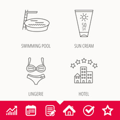 Hotel, swimming pool and sun cream icons. Lingerie linear sign. Edit document, Calendar and Graph chart signs. Star, Check and House web icons. Vector