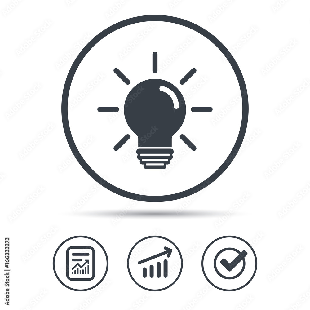 Poster Light bulb icon. Lamp sign. Illumination technology symbol. Report document, Graph chart and Check signs. Circle web buttons. Vector