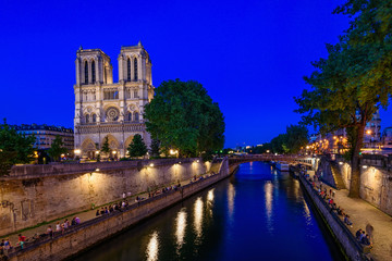 Night view of Cathedral Notre Dame de Paris in Paris, France