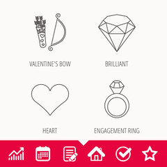 Love heart, brilliant and engagement ring icons. Valentine bow linear sign. Edit document, Calendar and Graph chart signs. Star, Check and House web icons. Vector
