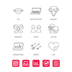 Love heart, gift box and wedding rings icons. Kiss lips and couple linear signs. Valentine amour arrows, brilliant flat line icons. Report document, Graph chart and Calendar signs. Vector