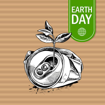 Crushed aluminum can and sprig. Vector illustration.