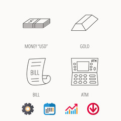 ATM, cash money and bill icons. Gold bar linear sign. Calendar, Graph chart and Cogwheel signs. Download colored web icon. Vector