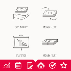 Banking, cash money and statistics icons. Money flow, save money linear sign. Edit document, Calendar and Graph chart signs. Star, Check and House web icons. Vector