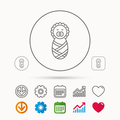 Newborn baby icon. Toddler sign. Child wrapped in blanket symbol. Calendar, Graph chart and Cogwheel signs. Download and Heart love linear web icons. Vector