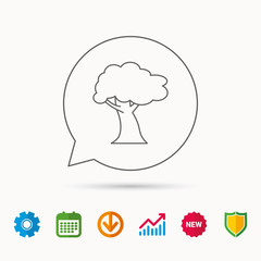 Oak tree icon. Forest wood sign. Nature environment symbol. Calendar, Graph chart and Cogwheel signs. Download and Shield web icons. Vector
