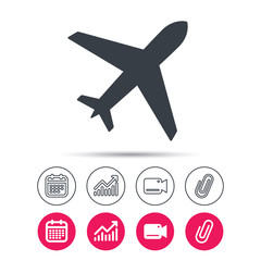 Plane icon. Flight transport symbol. Statistics chart, calendar and video camera signs. Attachment clip web icons. Vector