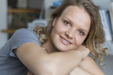 Closeup of beutiful yound blonde woman. Smilinf woman face